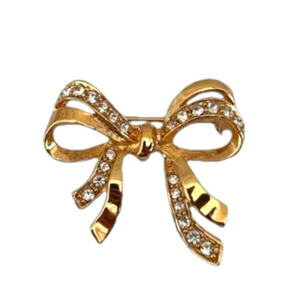 Crystal Bow Brooch Brush and Shiny Gold Tone Bow Ribbon Pin